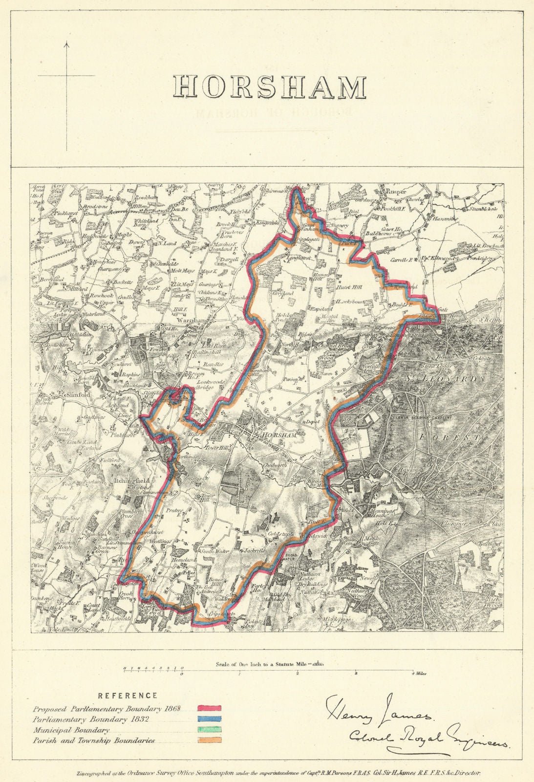 Horsham, Sussex. JAMES. Parliamentary Boundary Commission 1868 old antique map